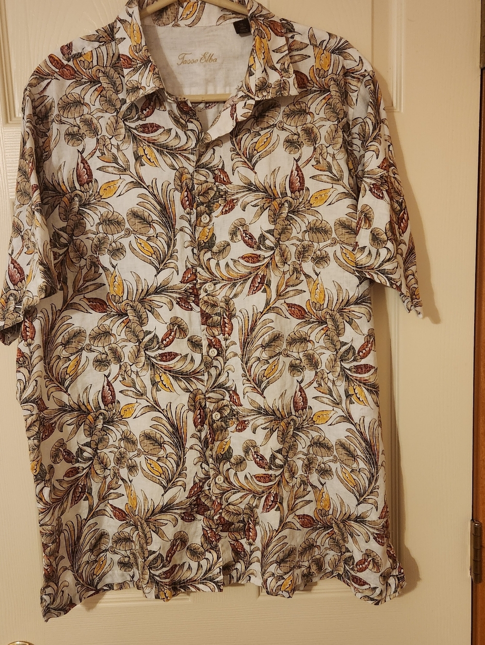 Tasso Elba Tropical Button Up Shirt 100% Linen Short Sleeve Size XL 17-17.5